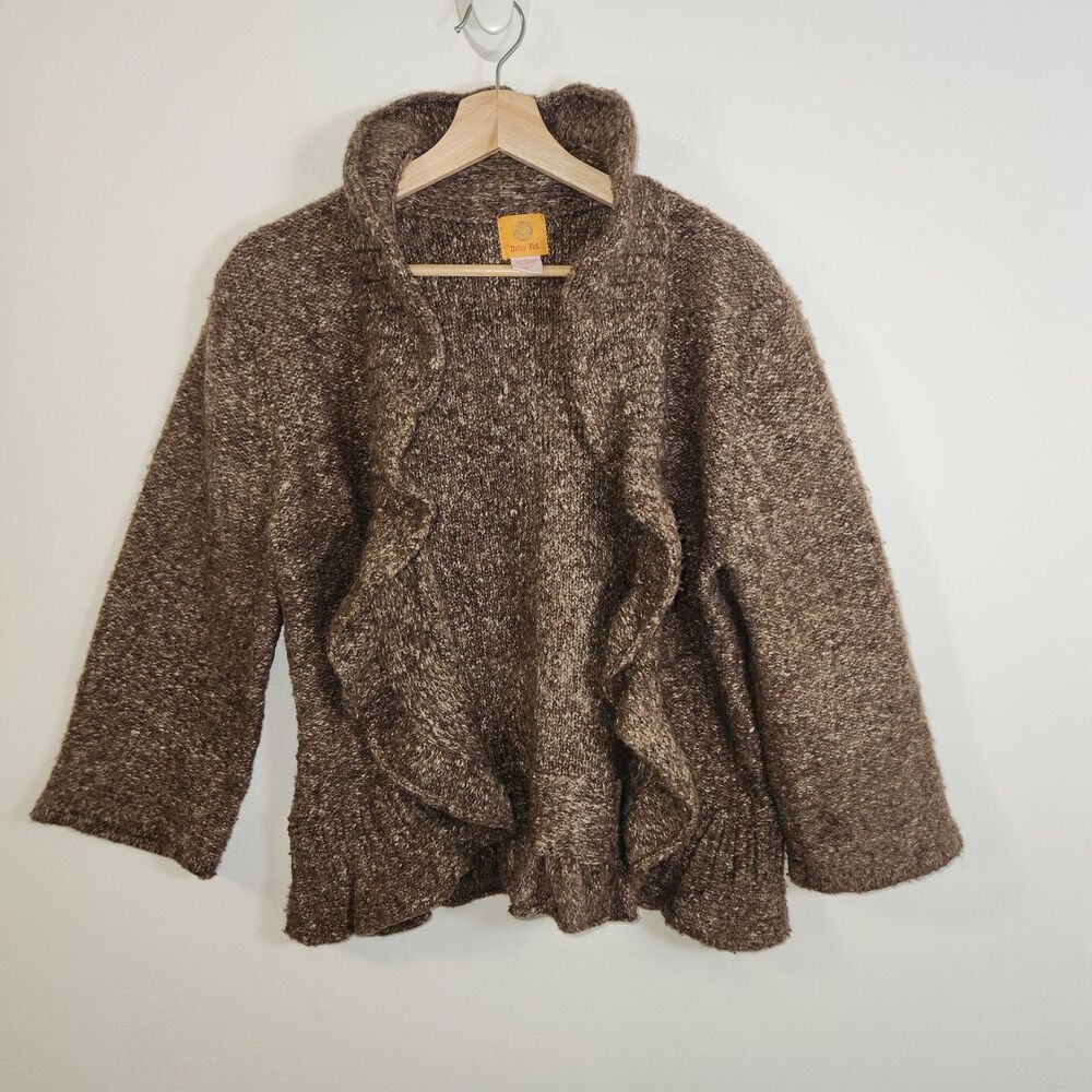 Ruby Rd Ruffle Open Cardigan 3/4 Sleeve Sweater LARGE Brown